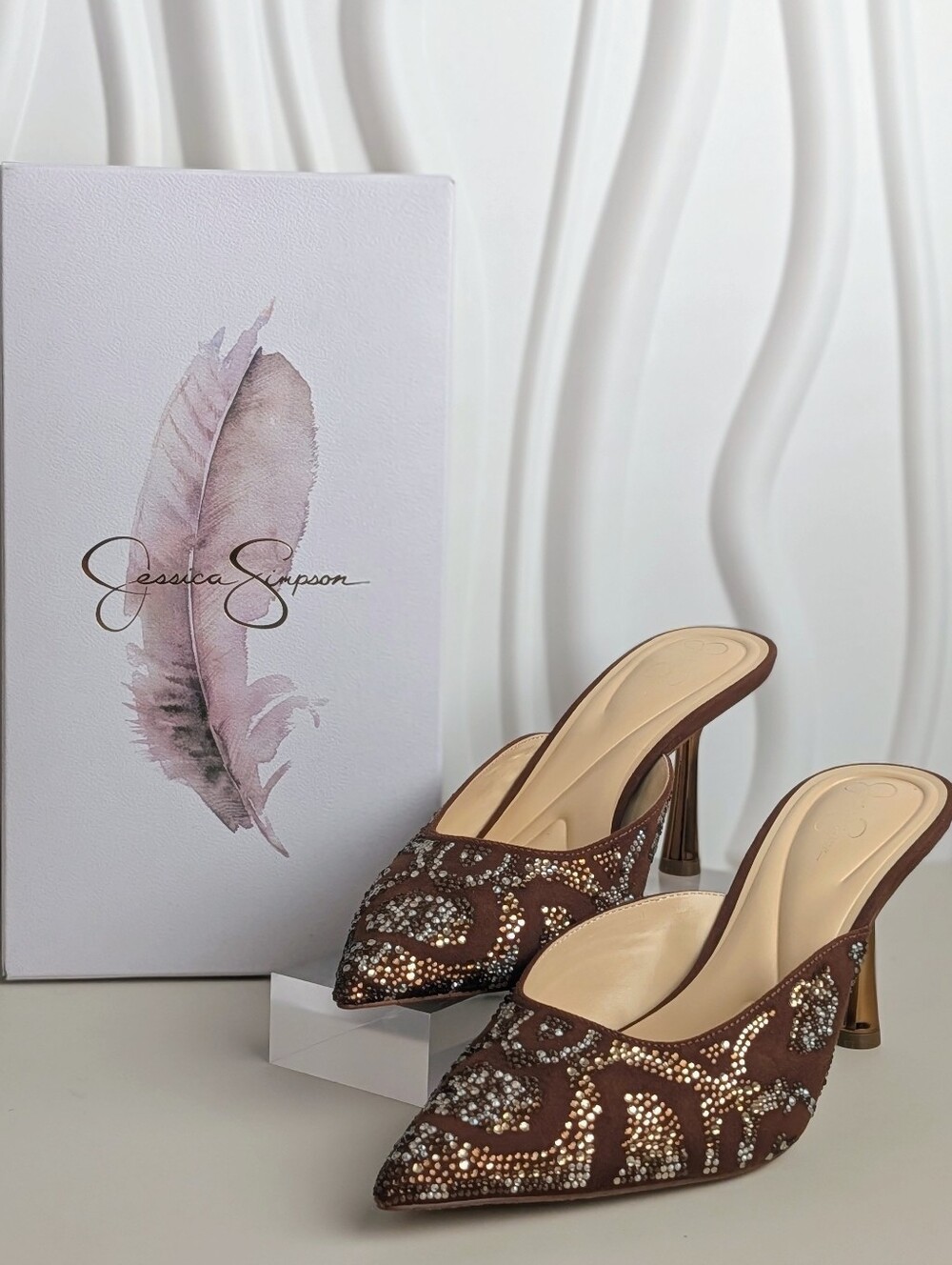 Jessica Simpson Xia 3 Rhinestone Pointed Toe Mules Brown Size 8 NIB🤎